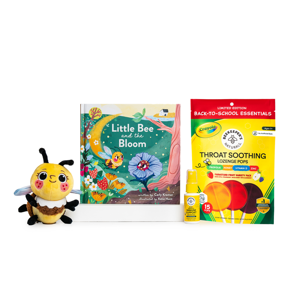 Little Bee and the bloom children's book, bee stuffed animal, beekeeper's naturals throat soothing lozenge pops, beekeeper's naturals kids immune support throat spray all on a shite background.