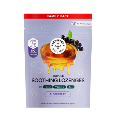 Beekeeper's Naturals Propolis Soothing Lozenges with honey and elderberry illustration on a white background.