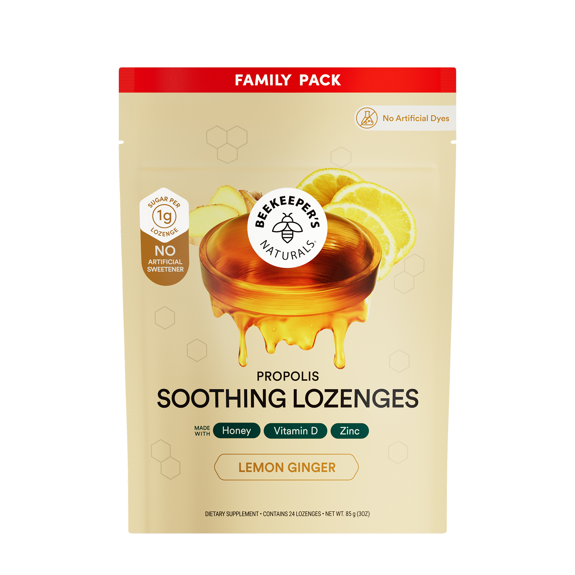 Beekeeper's Naturals Propolis Soothing Lozenges family pack with honey and lemon design on a beige background.