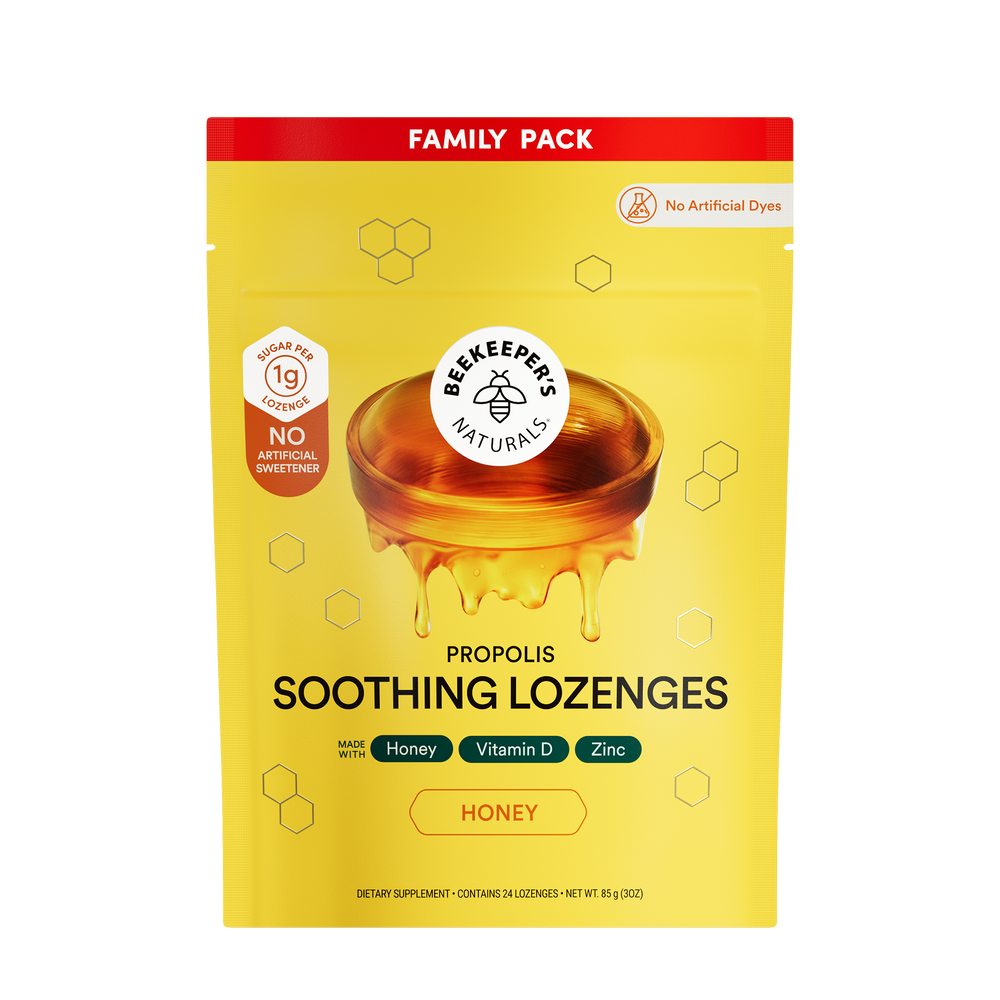 Beekeeper's Naturals Propolis Soothing Lozenges with honey flavor on a white background.