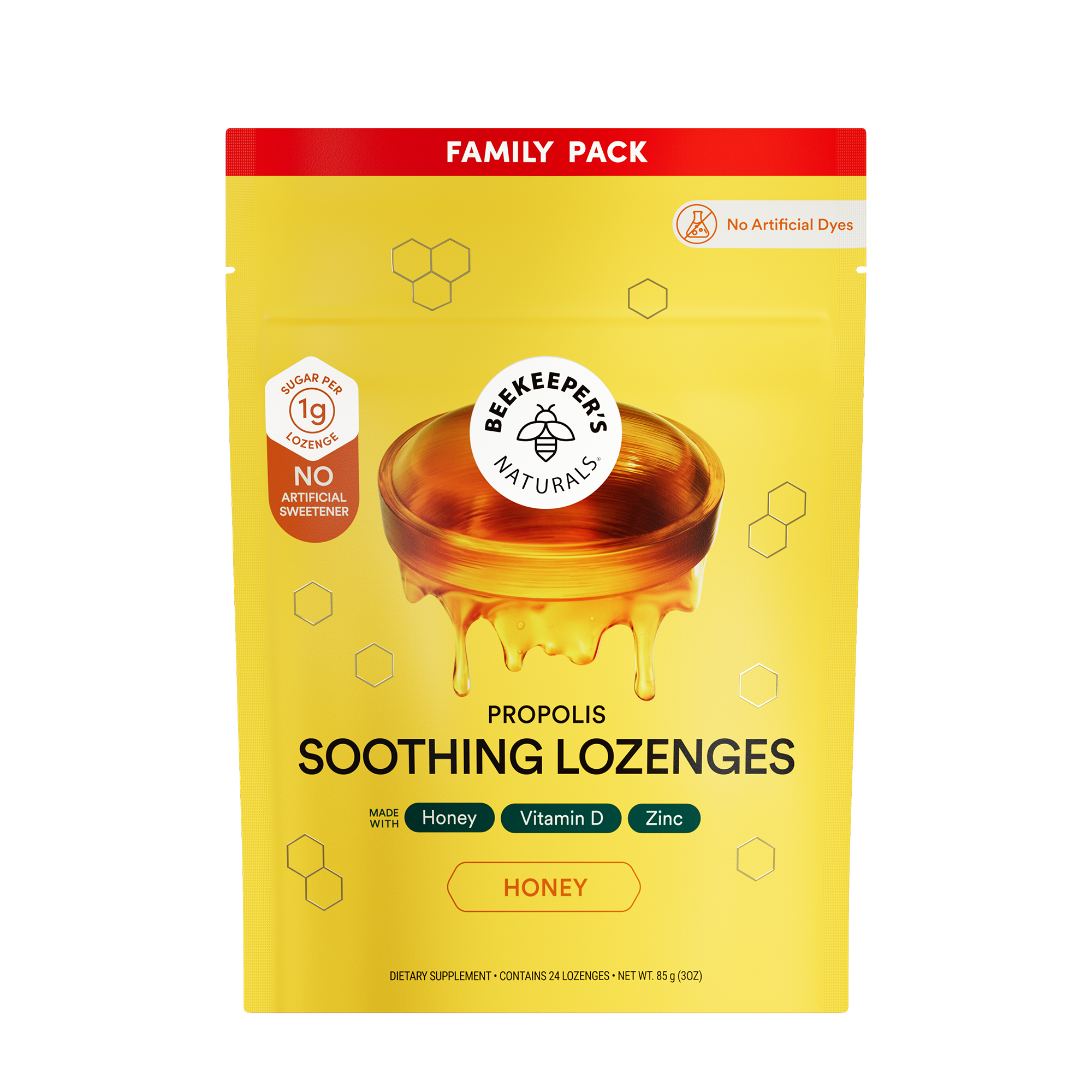 Beekeeper's Naturals Propolis Soothing Lozenges with honey flavor on a white background.