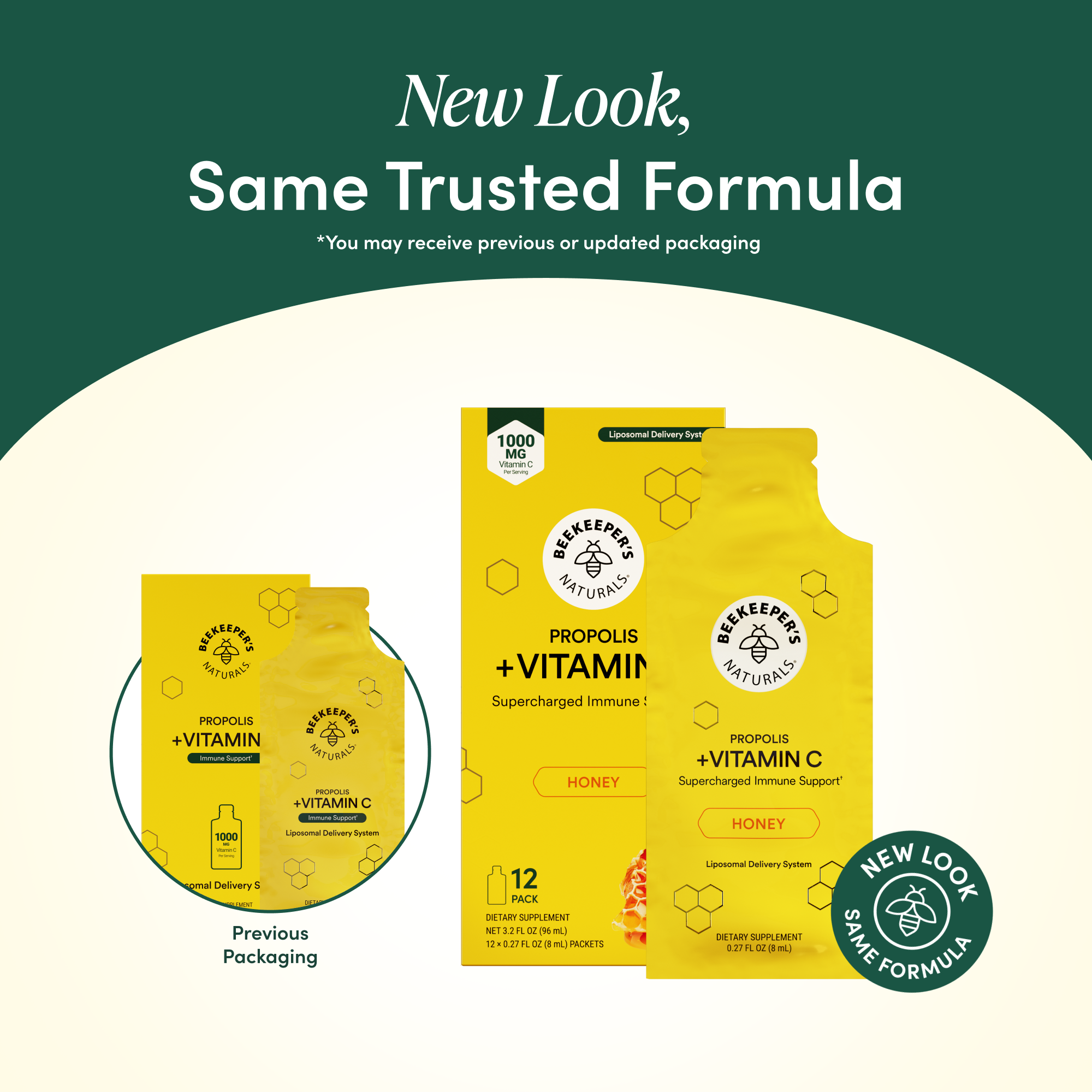 Yellow supplement packages with branding and text on a green and white background