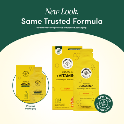 Yellow supplement packages with branding and text on a green and white background
