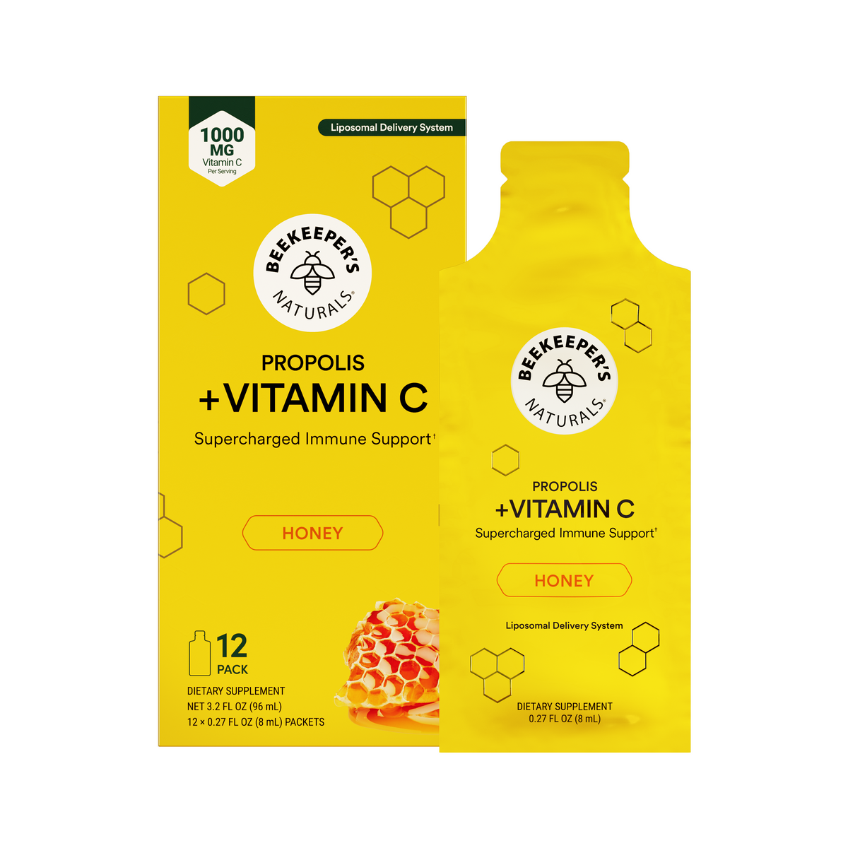 Beekeepers Naturals Propolis + Vitamin C Honey dietary supplement packaging, showing a yellow box and matching single-serve packet on a white background.