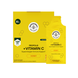 A yellow box and matching single-use pouch of Beekeeper Naturals Propolis + Vitamin C supplement, labeled Honey, on a plain white background.