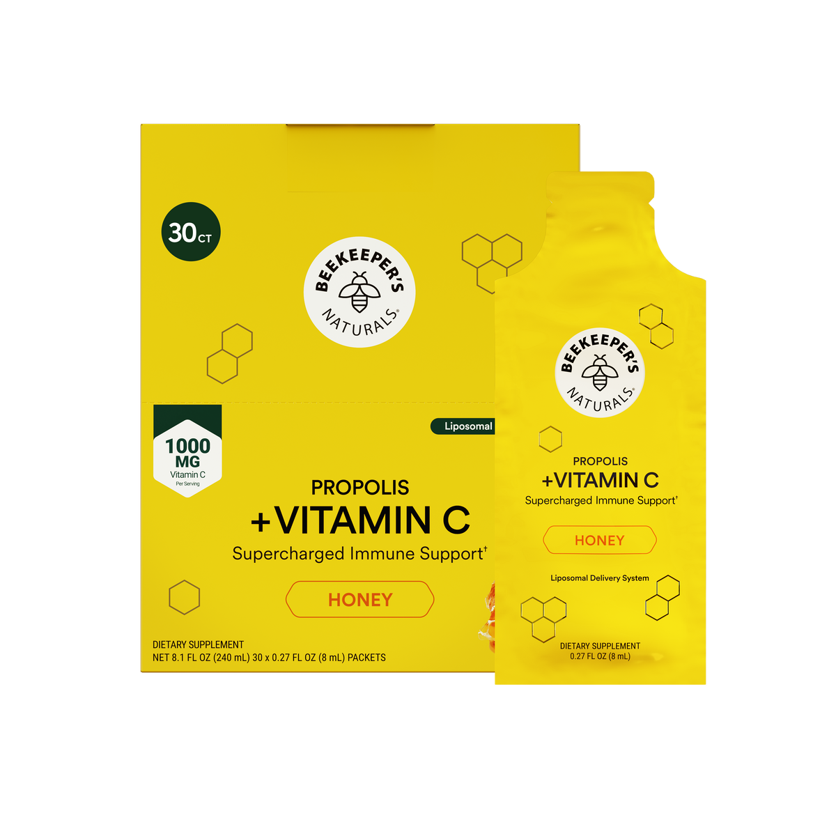 A yellow box and matching single-use pouch of Beekeeper Naturals Propolis + Vitamin C supplement, labeled Honey, on a plain white background.
