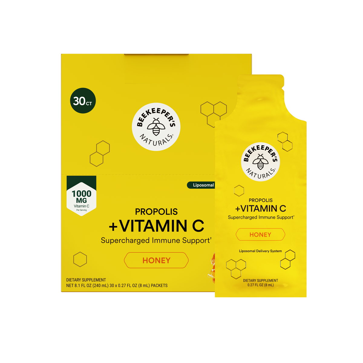 A yellow box and matching single-serve pouch of Beekeepers Naturals Propolis + Vitamin C supplement, labeled Honey, on a plain white background.