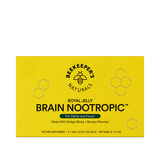 A yellow box of Beekeeper's Naturals Royal Jelly Brain Nootropic, with hexagonal patterns and branding information.