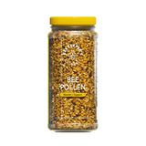 A clear jar containing bee pollen with a yellow lid, labeled 'BEE POLLEN' and 'Nature's Multivitamin'.
