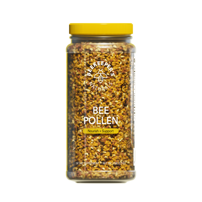 A clear jar containing bee pollen with a yellow lid, labeled 'BEE POLLEN' and 'Nature's Multivitamin'.