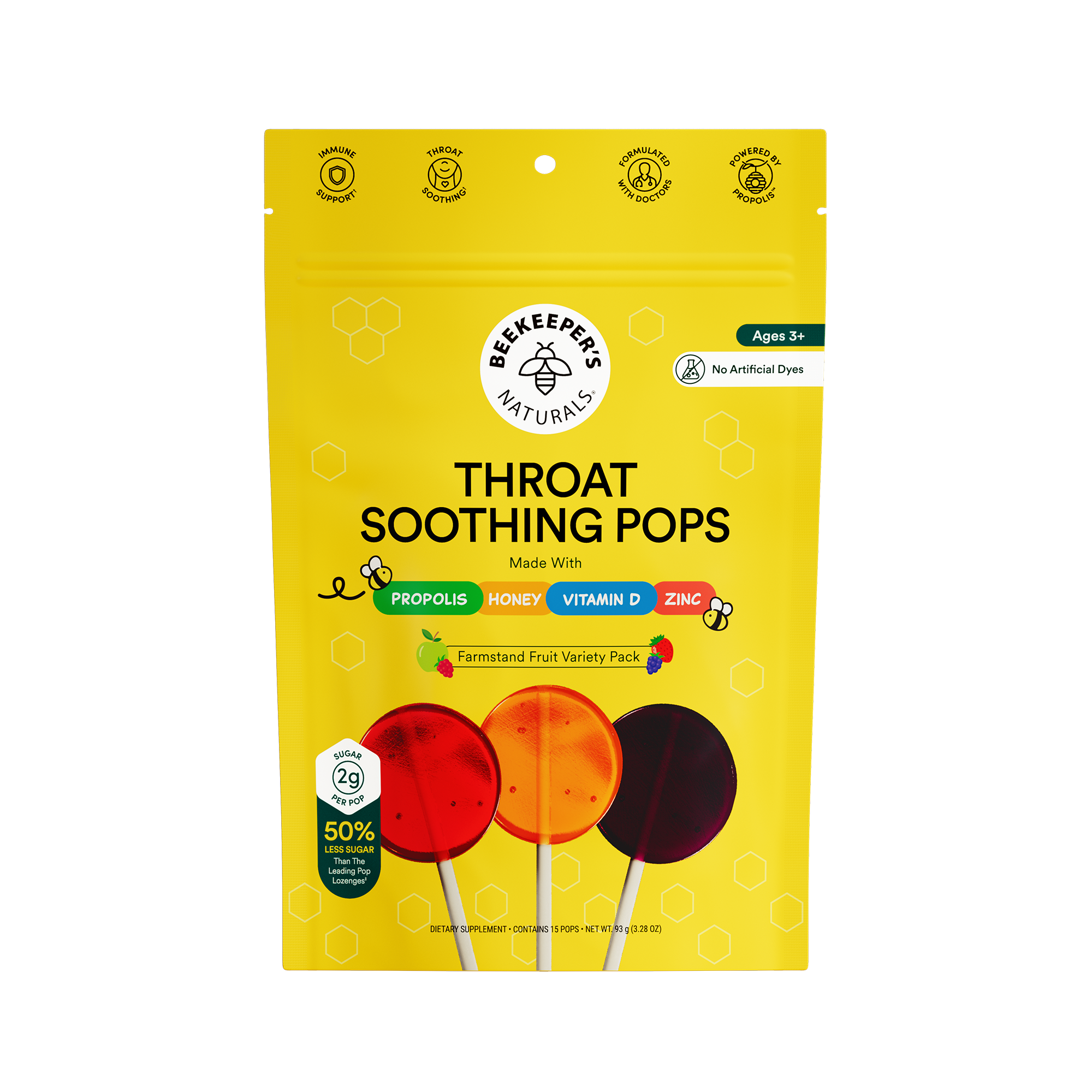 Yellow package of Beekeeper's Naturals Throat Soothing Pops on a white background