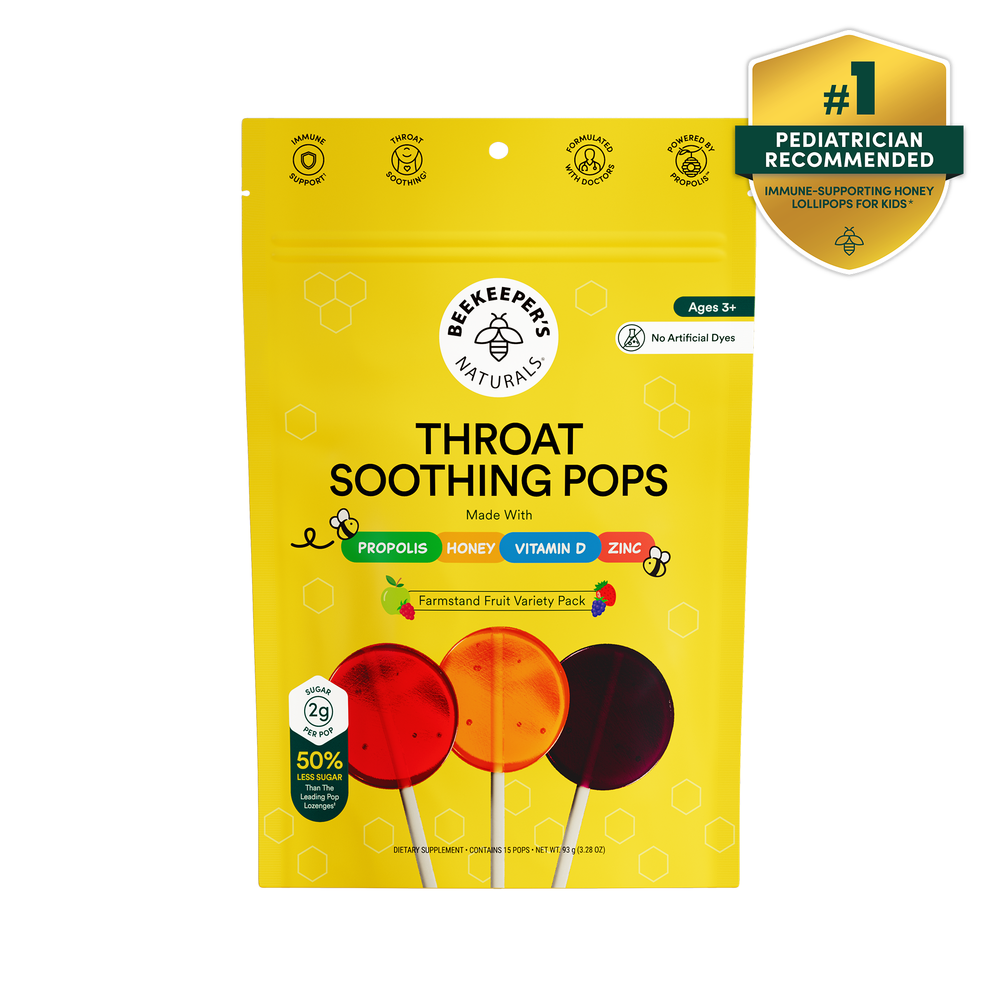 Packaging of Beekeeper's Naturals throat soothing pops with a yellow background