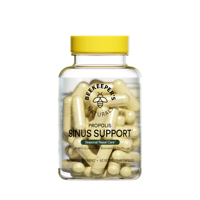 A bottle of Beekeeper's Naturals Propolis Sinus Support capsules.