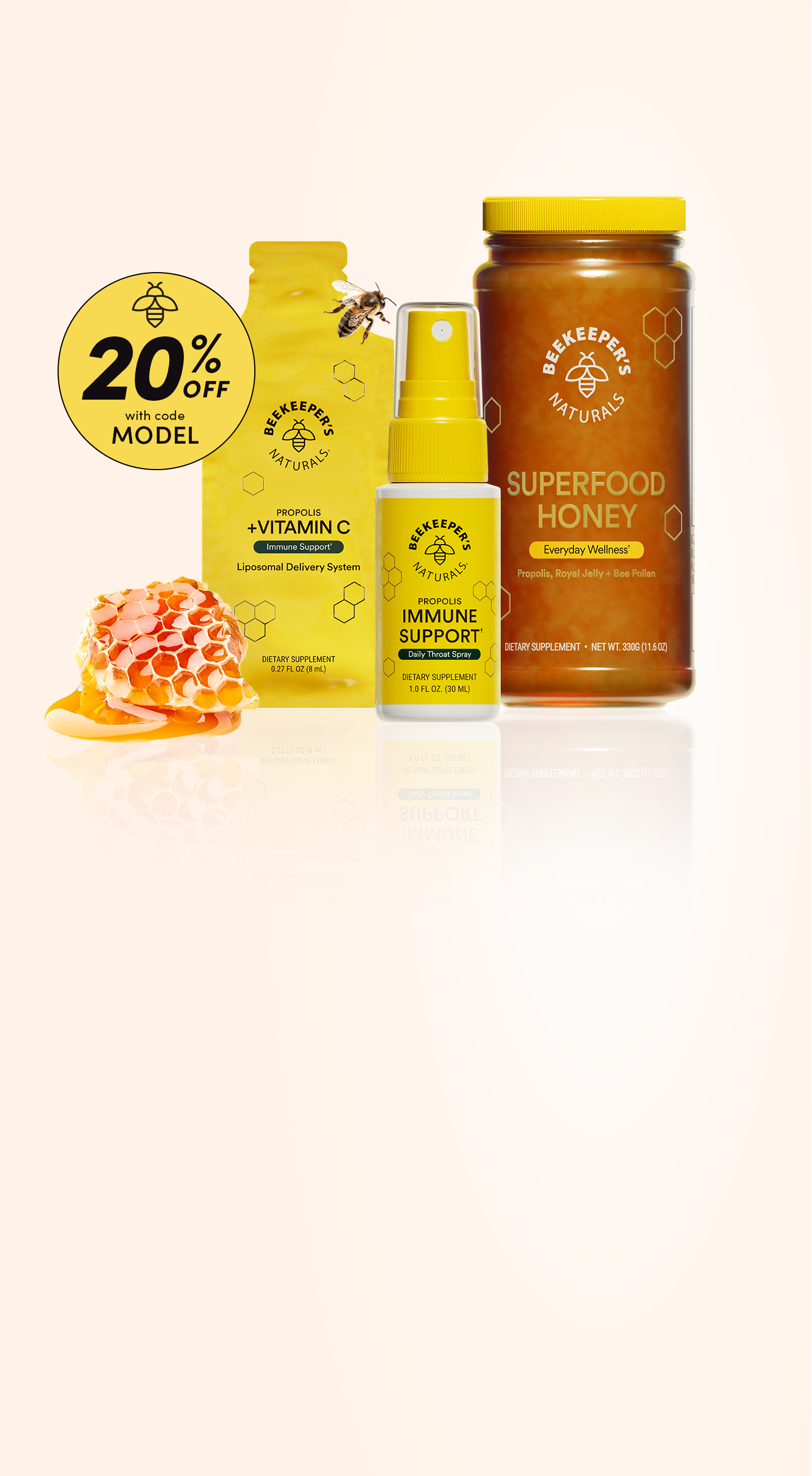 Three health products including a bottle, a spray, and a jar on a white background with a 20% off label.