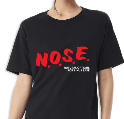 Front of Limited-Edition Vintage N.O.S.E. T-Shirt showing bold red N.O.S.E. lettering on black