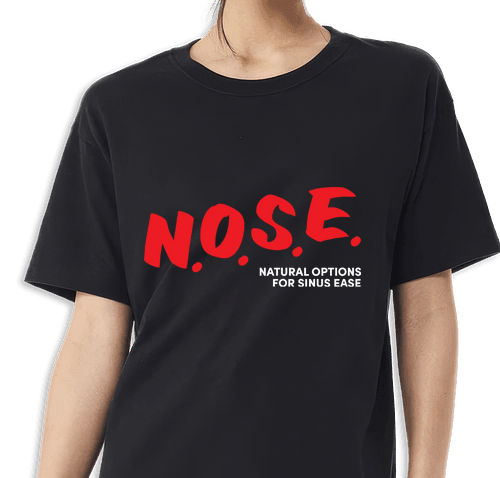 Black t-shirt with red and white text on a transparent background