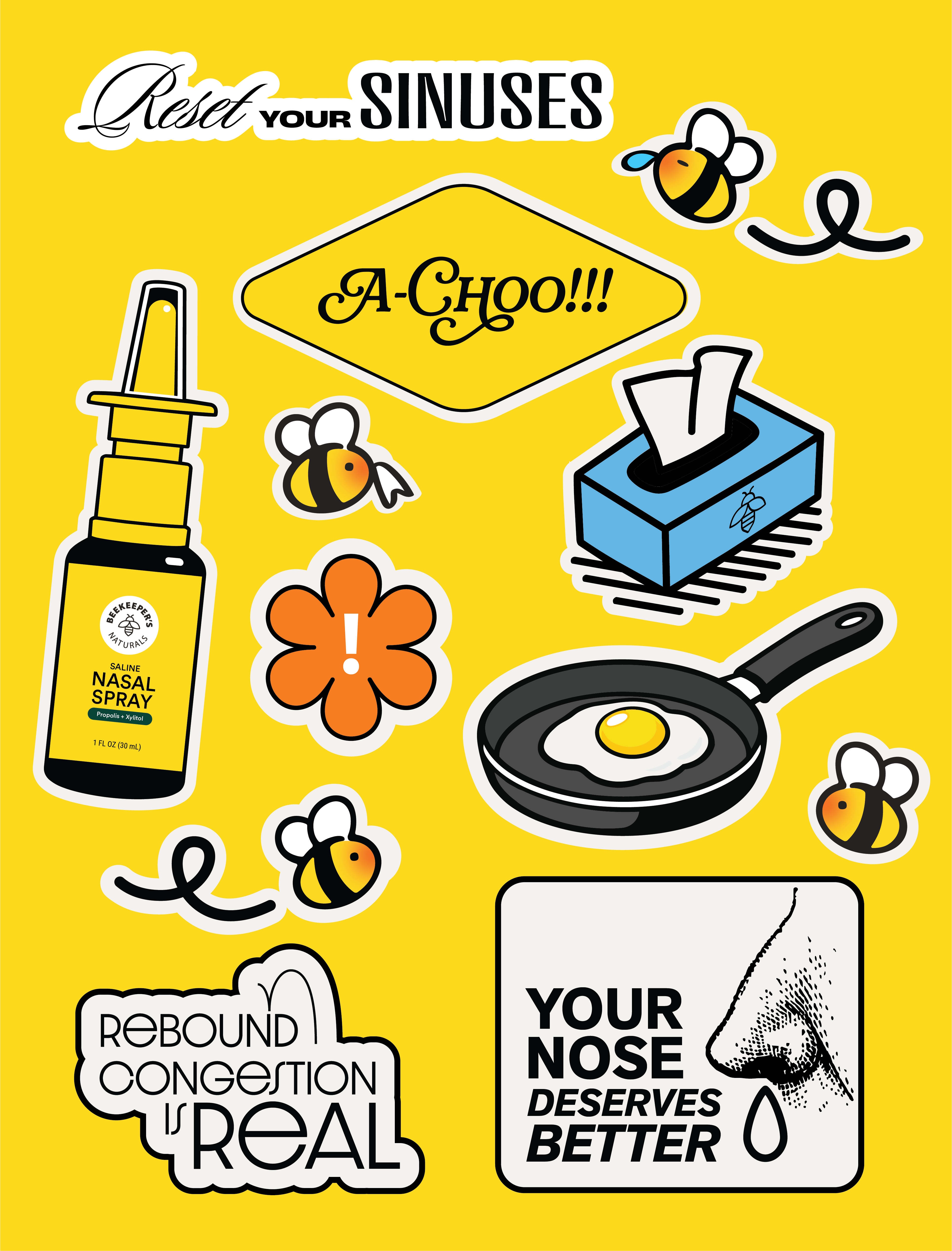 Illustrations of nasal spray, tissues, and other allergy relief items on a yellow background.