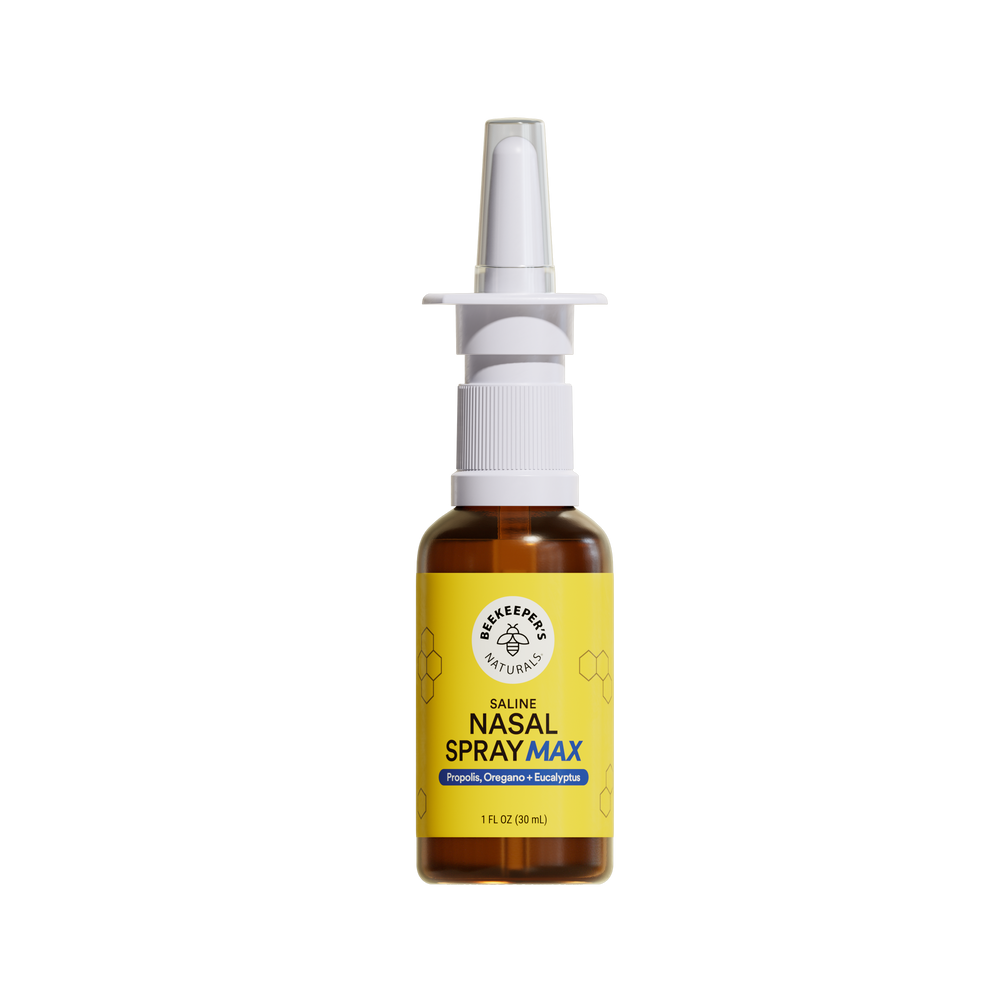 Nasal spray bottle with a yellow label on a white background