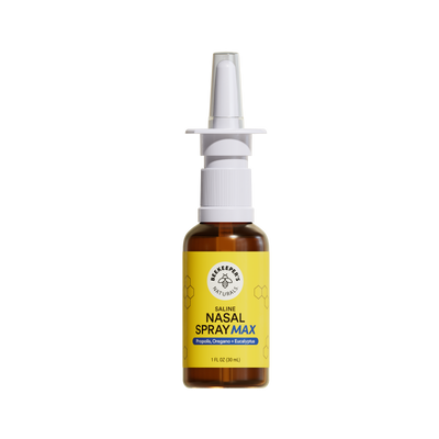 Nasal spray bottle with a yellow label on a white background