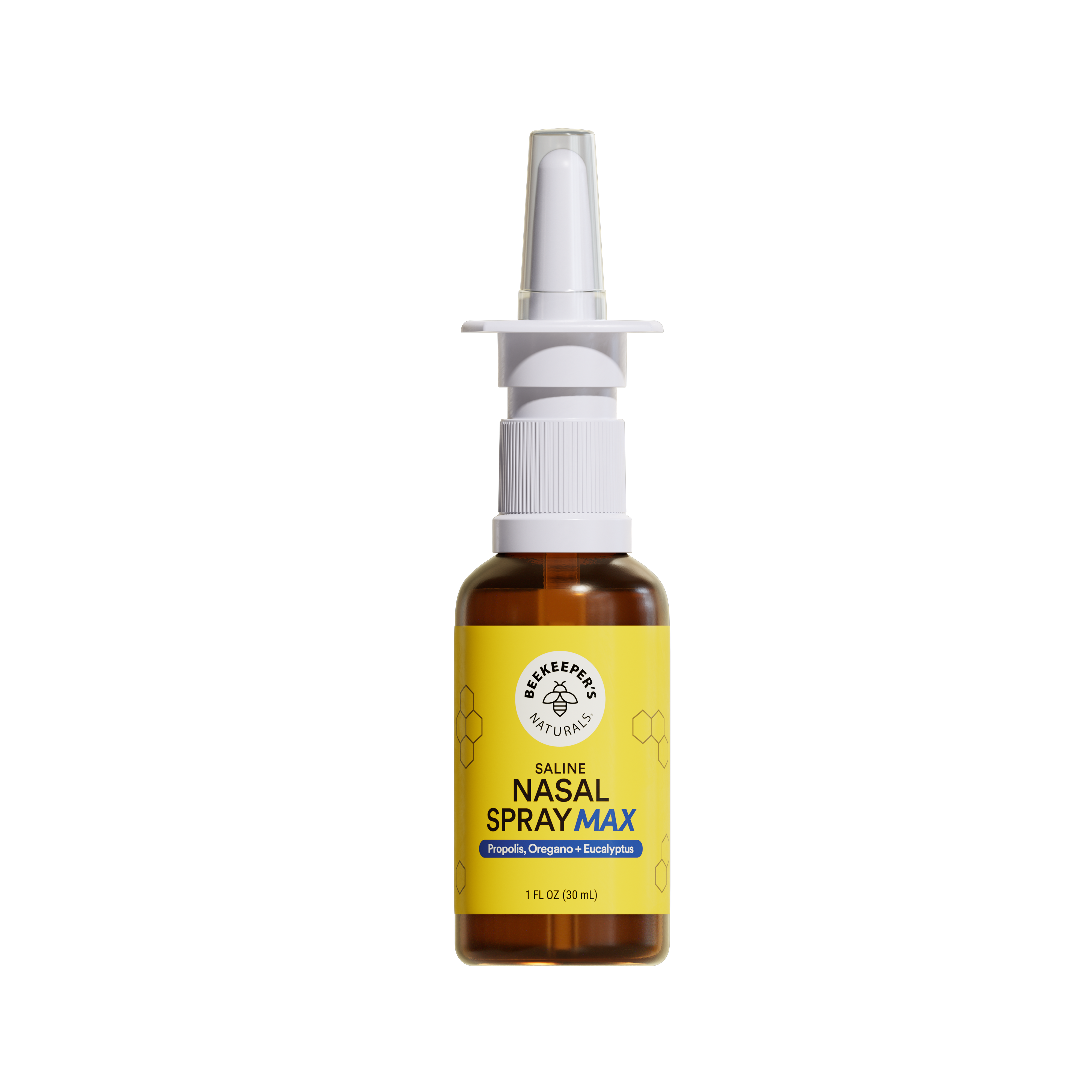 Nasal spray bottle with a yellow label on a white background