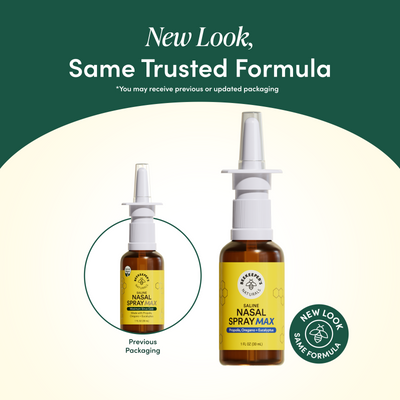 Two nasal spray bottles with a green background and text indicating 'New Look, Same Trusted Formula'.