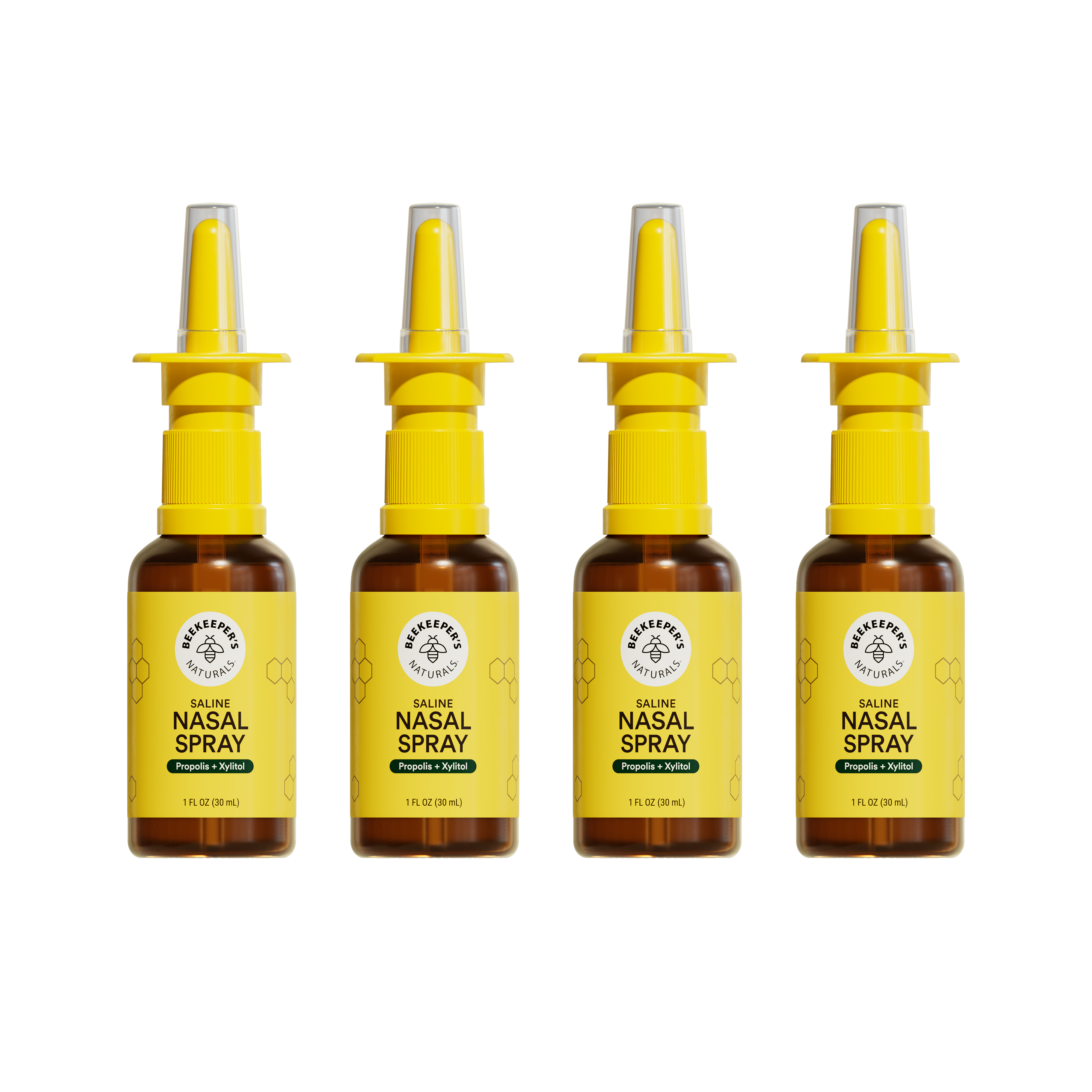 Four bottles of Beekeeper's Daughter Nasal Spray on a white background