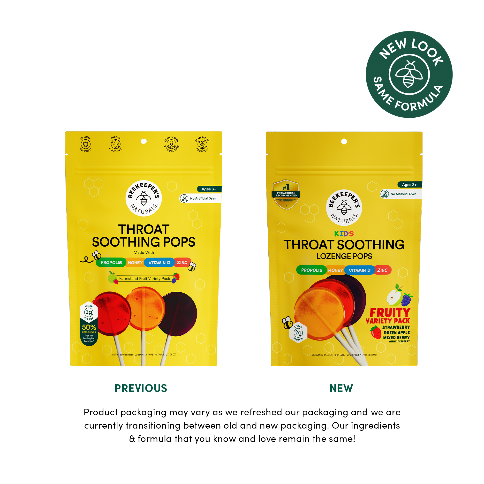 Two packages of throat soothing pops with a 'New Look Same Formula' label on a white background.