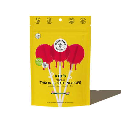 Front of Kid's Throat Soothing Lollipops package showing three watermelon lollipop illustrations on a yellow background