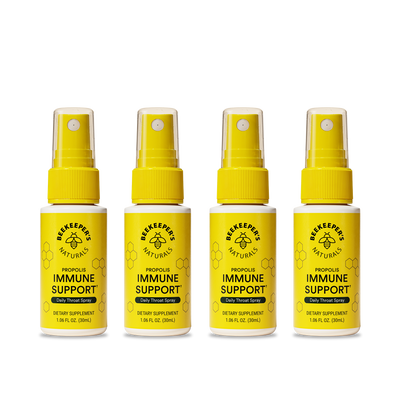 Four bottles of Beekeeper's Naturals Propolis Immune Support spray on a white background