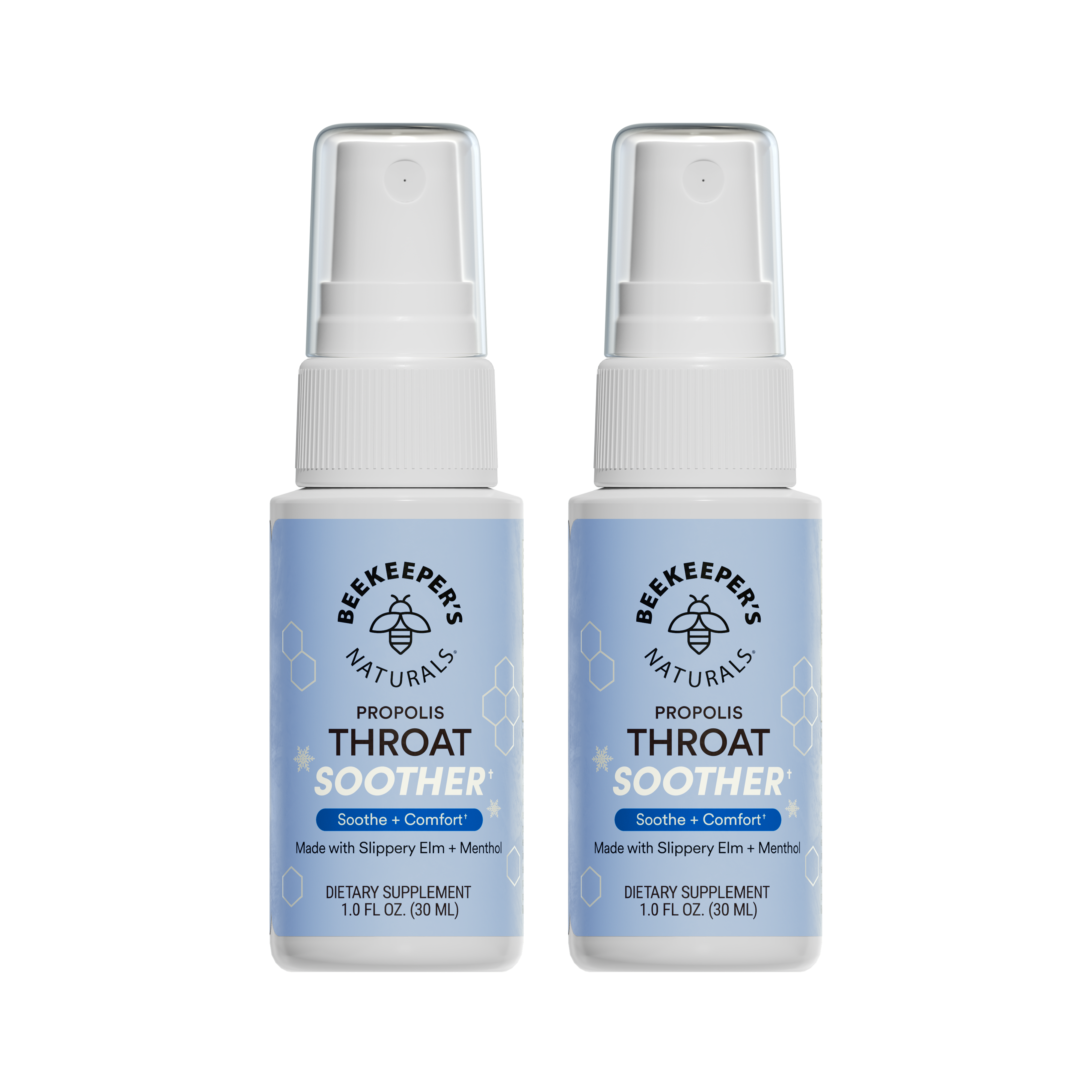 Two bottles of Beekeeper's Naturals Propolis Throat Soother on a white background