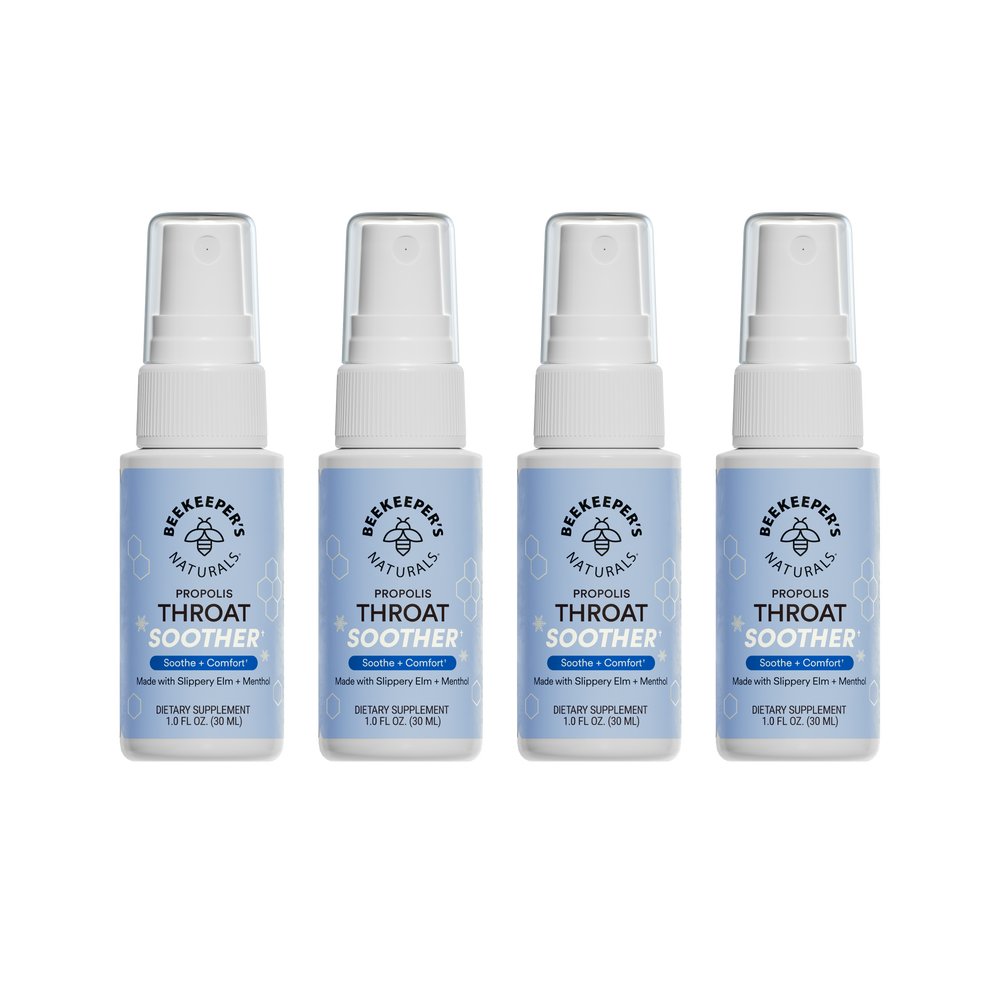 Front view of four Propolis Throat Soother 30 ml spray bottles showing label text and pump tops on a white background