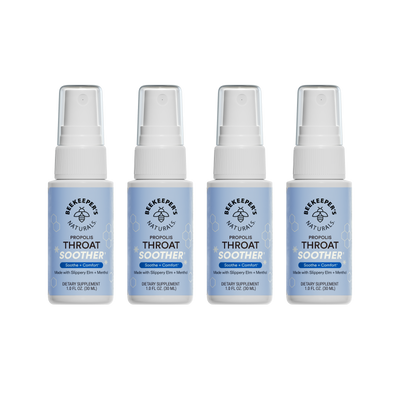 Front view of four Propolis Throat Soother 30 ml spray bottles showing label text and pump tops on a white background