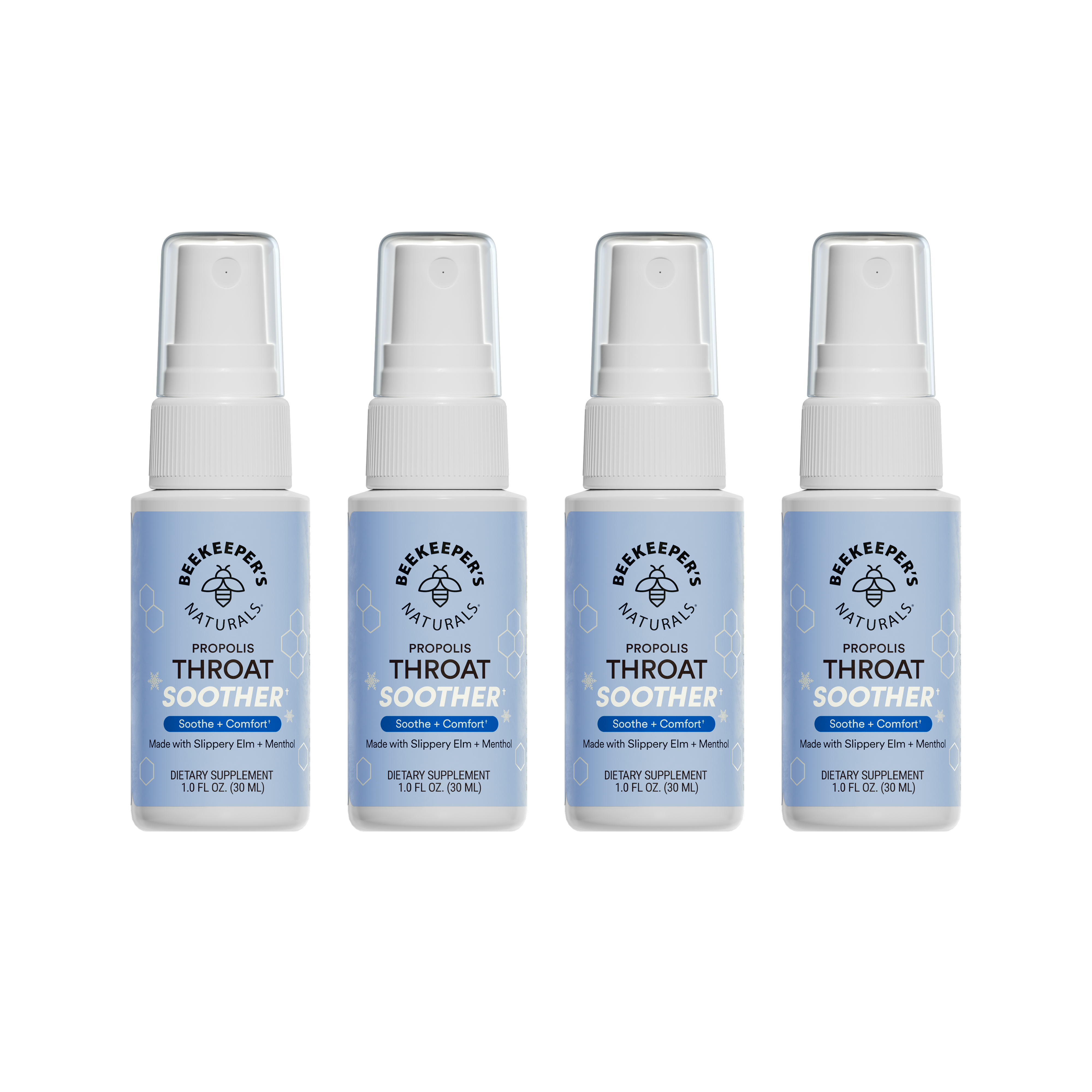Four bottles of Beekeeper's Naturals Propolis Throat Soother on a white background