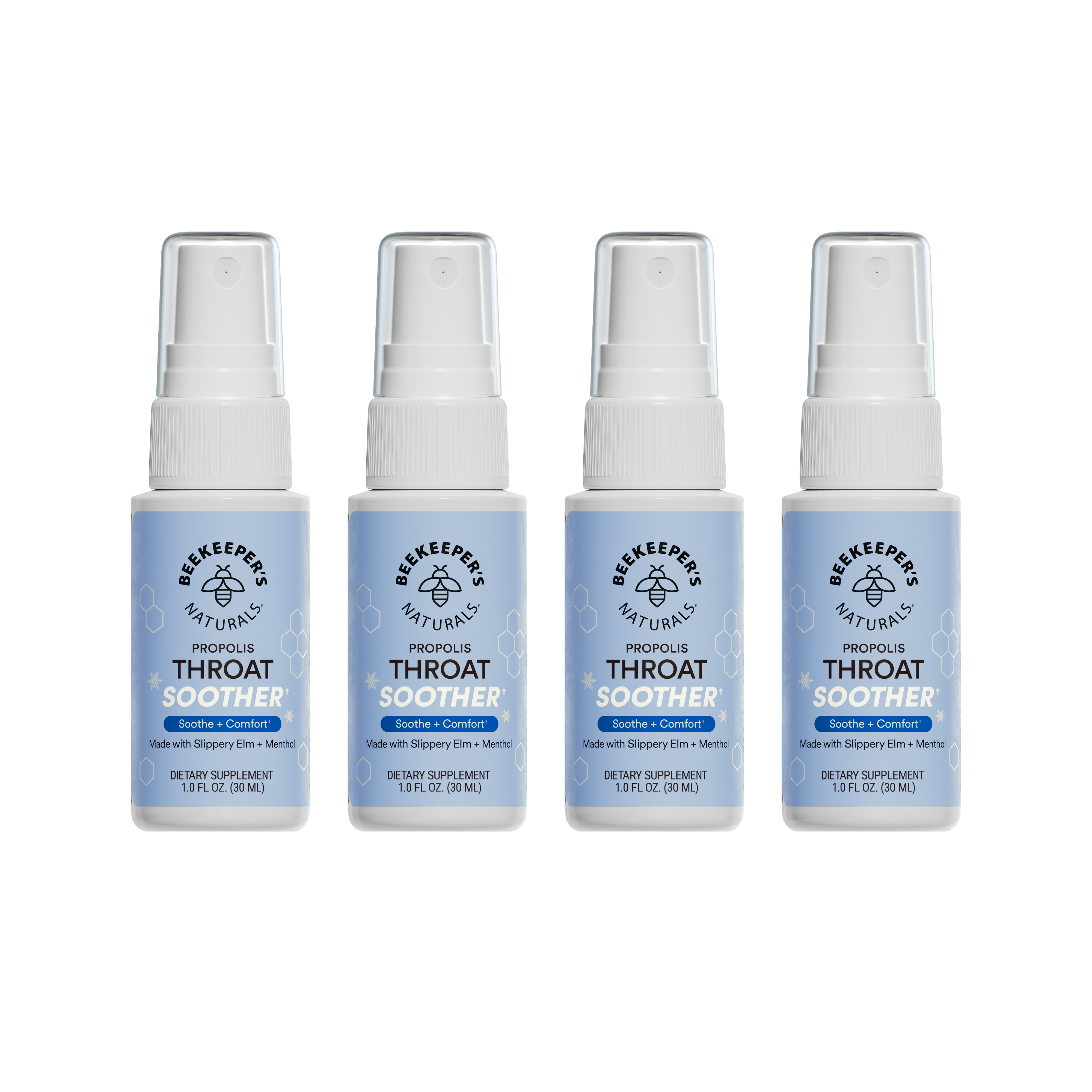 Four bottles of Beekeeper's Naturals Propolis Throat Soother on a white background