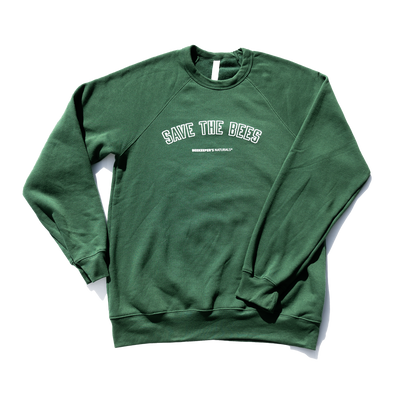 Promotional shot of the "Save The Bees Crew" sweatshirt, Junior Varsity Edition. Graphic text reads: "SAVE THE BEES,