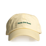Beige cap with 'Save the Bees' text on a white background