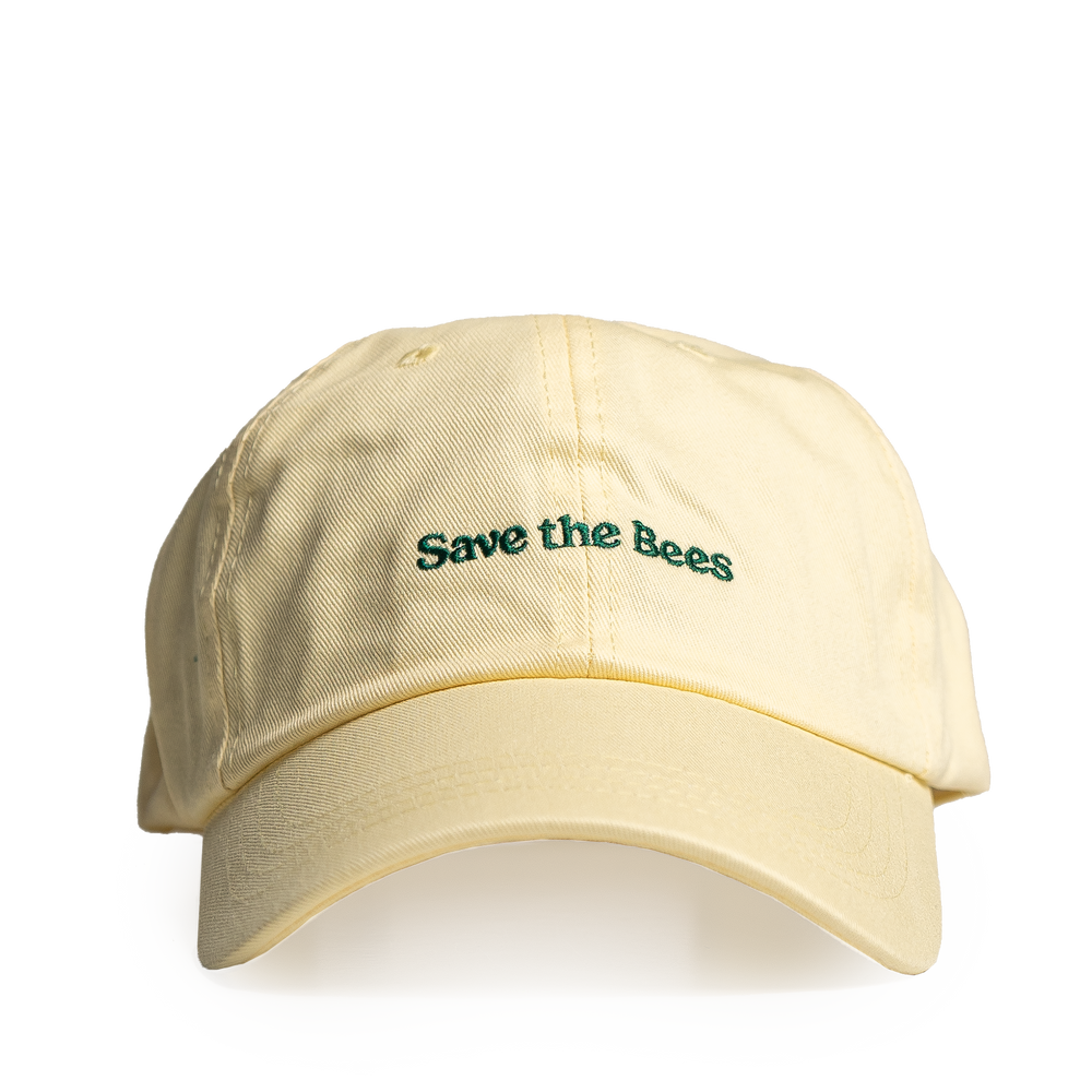 Beige cap with 'Save the Bees' text on a white background