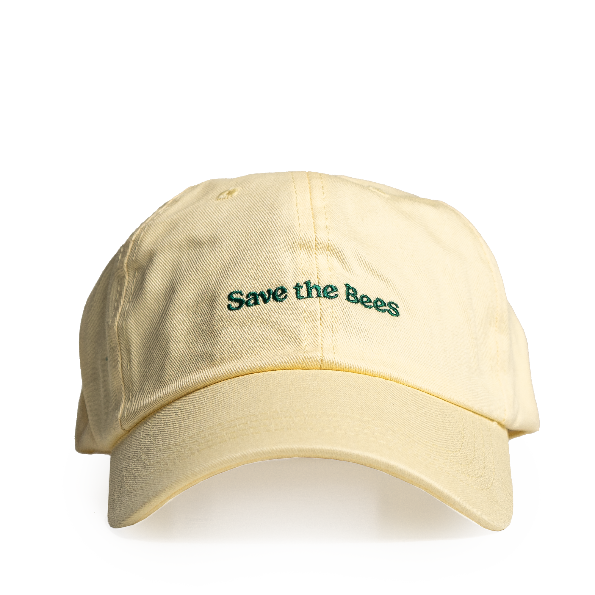 Beige cap with 'Save the Bees' text on a white background