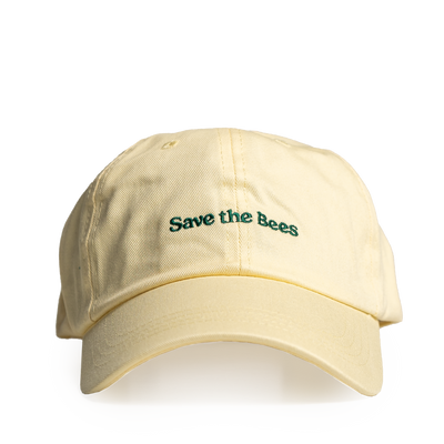 Beige cap with 'Save the Bees' text on a white background