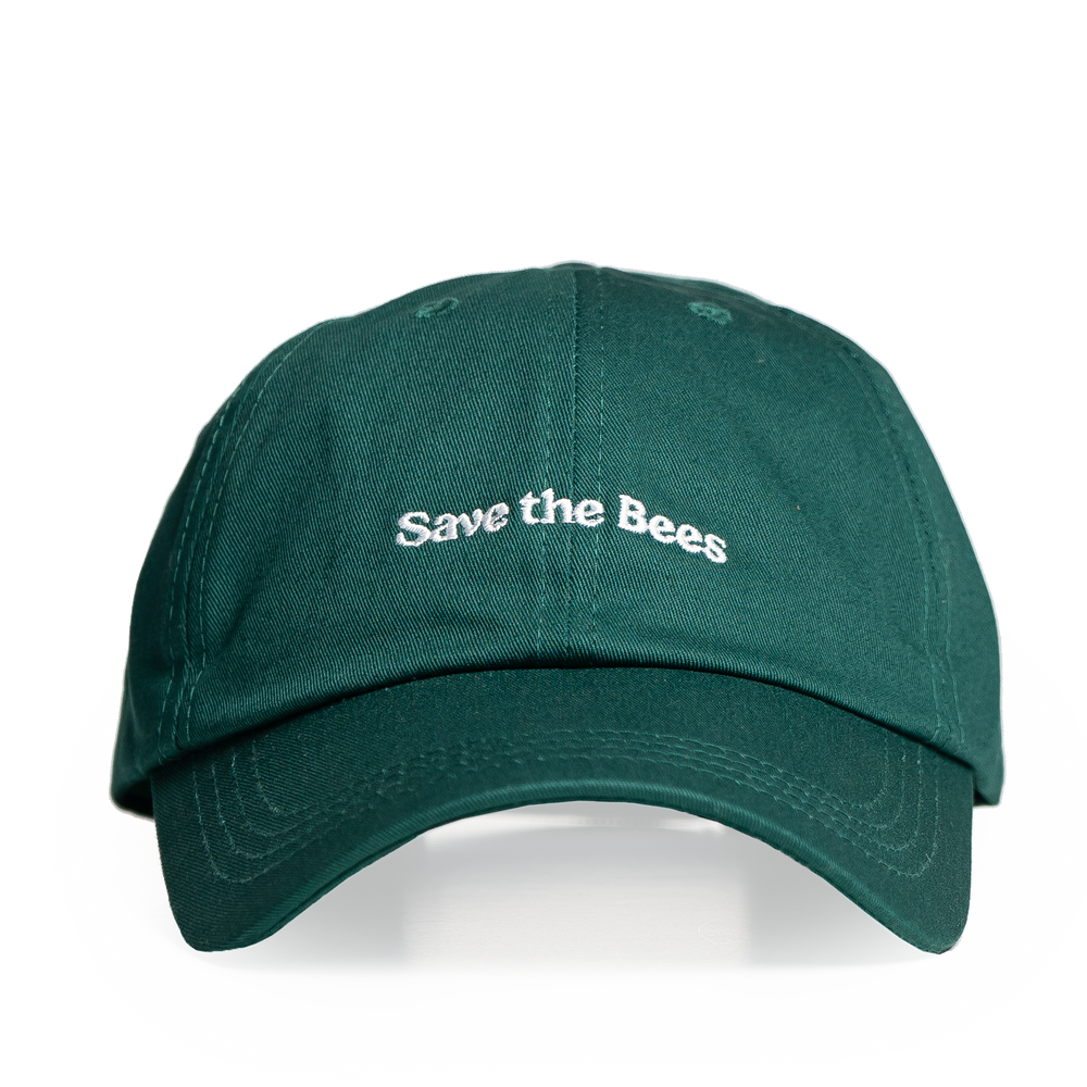 Green cap with 'Save the Bees' text on a white background