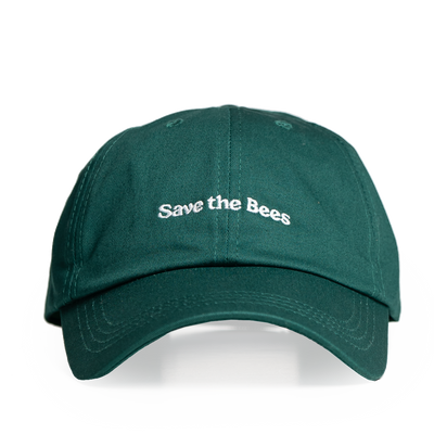 Green cap with 'Save the Bees' text on a white background
