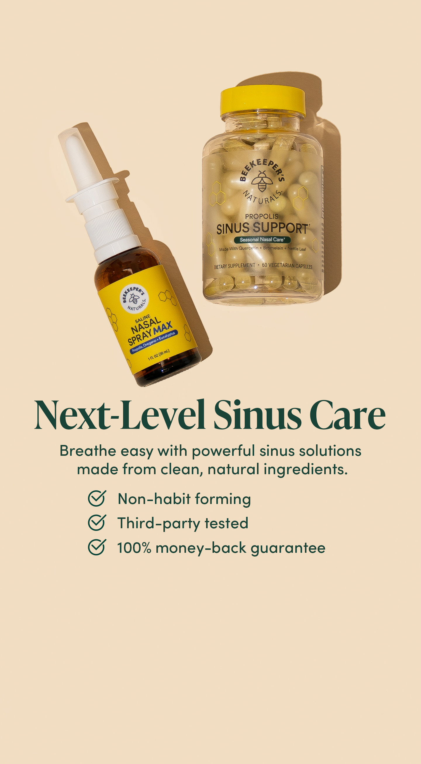 Hero image of nasal spray and Sinus Support capsules with headline Next-Level Sinus Care: breathe easy with powerful sinus solutions made from clean, natural ingredients listing non-habit forming, third-party tested and 100% money-back guarantee