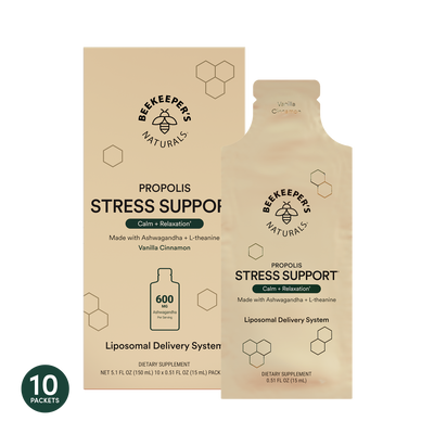 Propolis Stress Support box & single packet. "Calm + Relaxation" with Ashwagandha + L-theanine. Contains 600mg Ashwagandha