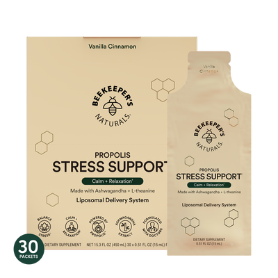 Packaging for Beekeeper's Naturals Propolis Stress Support Liposomal, featuring a box and a sachet with a vanilla cinnamon flavor, and 30 packets included.