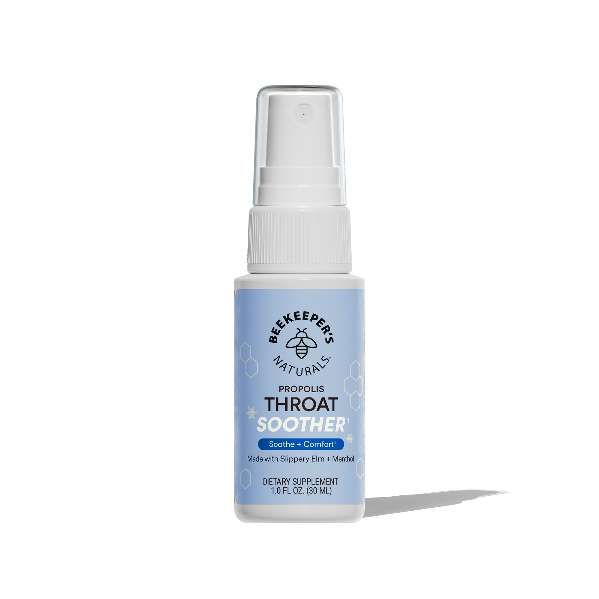 Beekeeper's Naturals Propolis Throat Soother bottle on a clear background