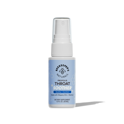 Beekeeper's Naturals Propolis Throat Soother bottle on a clear background
