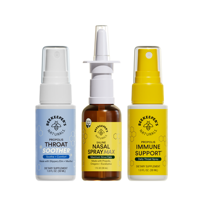 Three bottles of Beekeeper's Naturals products on a white background