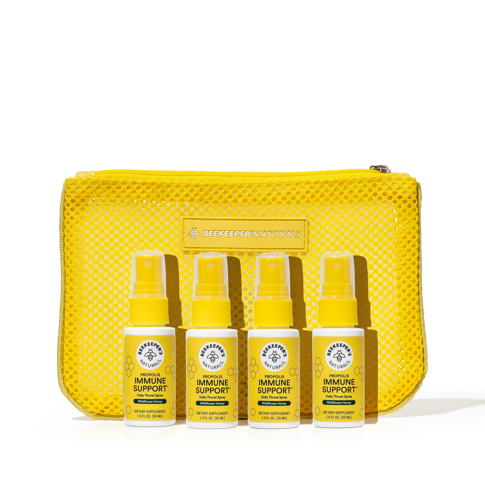 Yellow mesh pouch with Beekeeper's Naturals immune support products on a white background