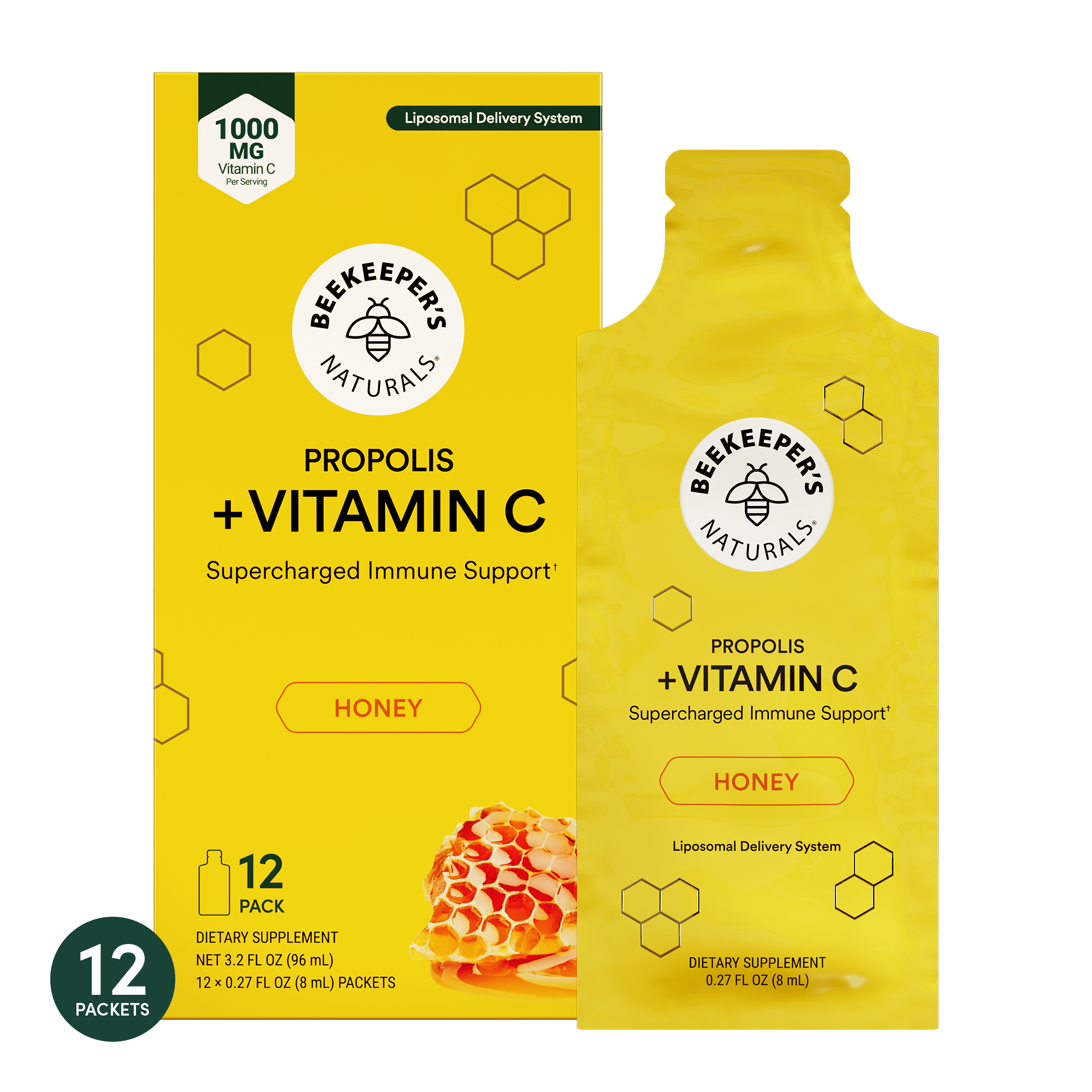 Two yellow packages of Beekeeper's Naturals Propolis + Vitamin C supplement on a white background