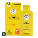 Two yellow packages of Beekeeper's Naturals Propolis + Vitamin C supplement on a white background.